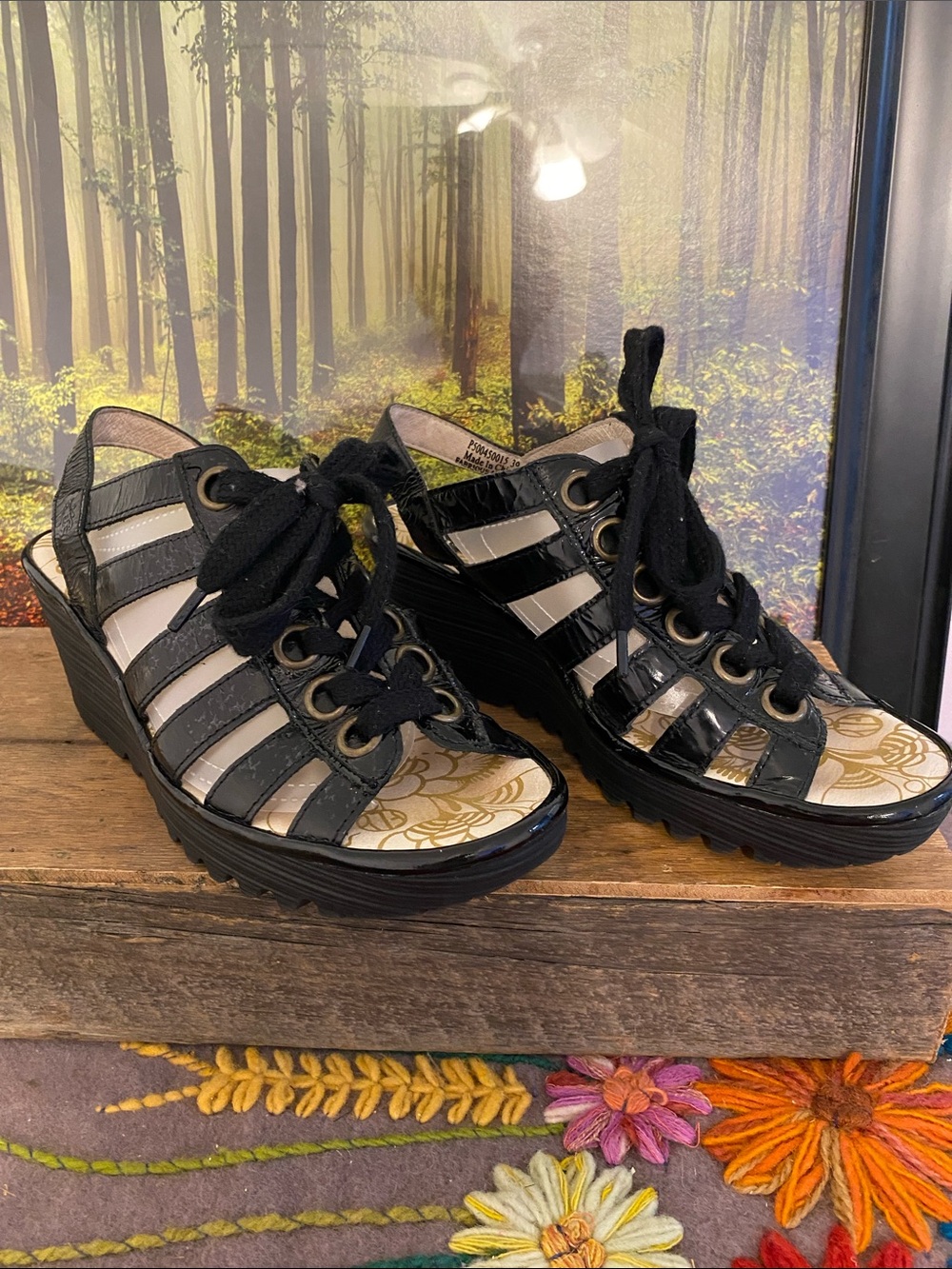 Fly London Black Strappy Lace-Up Wedge Sandals